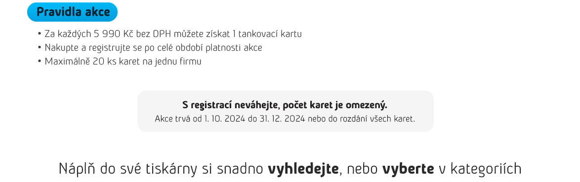 Nakupte originální náplně HP nebo Samsung nad 4990 Kč a získejte nabitou tankovací kartu Benzina v hodnotě 500 Kč