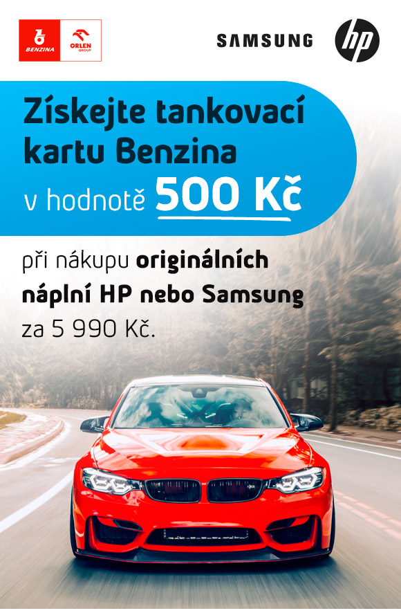 Nakupte originální náplně HP nebo Samsung nad 5990 Kč a získejte nabitou tankovací kartu Benzina v hodnotě 500 Kč