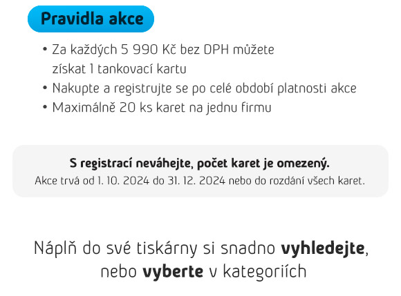 Nakupte originální náplně HP nebo Samsung nad 4990 Kč a získejte nabitou tankovací kartu Benzina v hodnotě 500 Kč